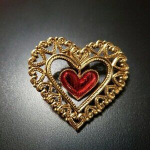 Gold-Tone Filigree Heart Brooch With Red  Heart Insert